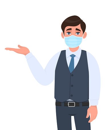 Young businessman wearing medical mask and presenting hand to copy space. Person in waistcoat covering face protection and showing gesture. Male introducing something. Cartoon illustration in vector.